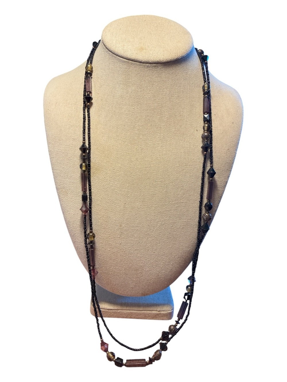 🔵 Black Beaded Necklace with Bronze and Purple Accents ~ 60 Inches
